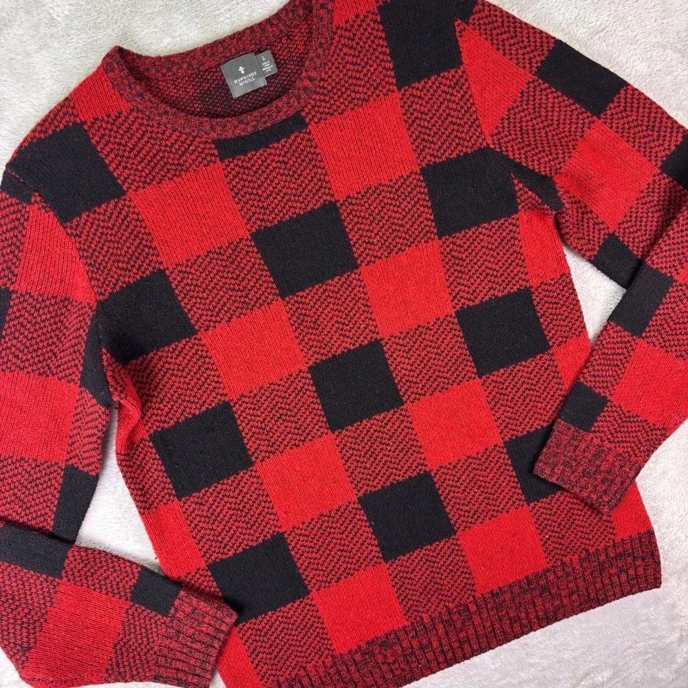 Hawkins McGill Women's Crewneck Sweater Sz L Red Black Buffalo Plaid Lambswool